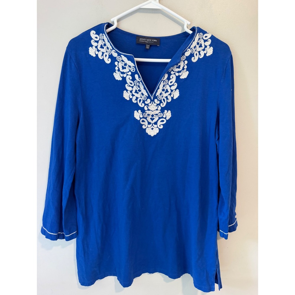 Jones New York Signature Petite Blue Embroidered Tunic Top PL
